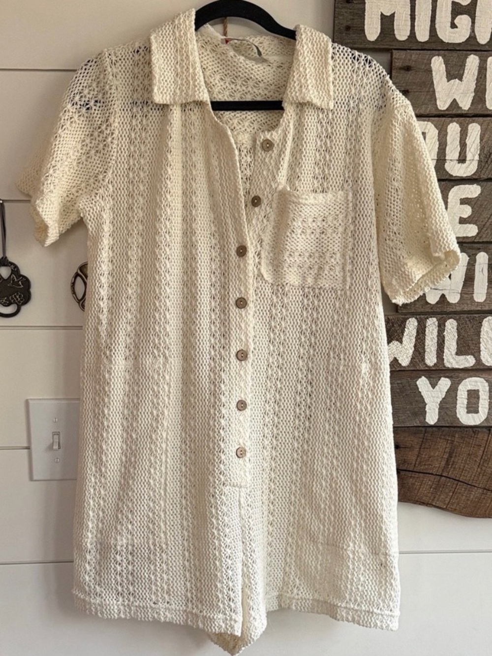 FP Movement by Free People Cream Crochet Button-Front Swim Coverup